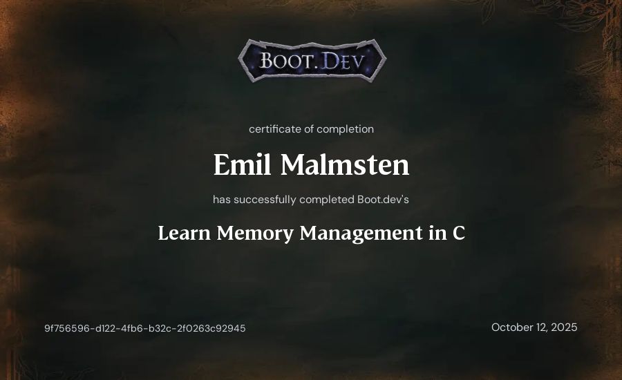Emil Malmsten's Boot.dev Learn Memory Management in C certificate
