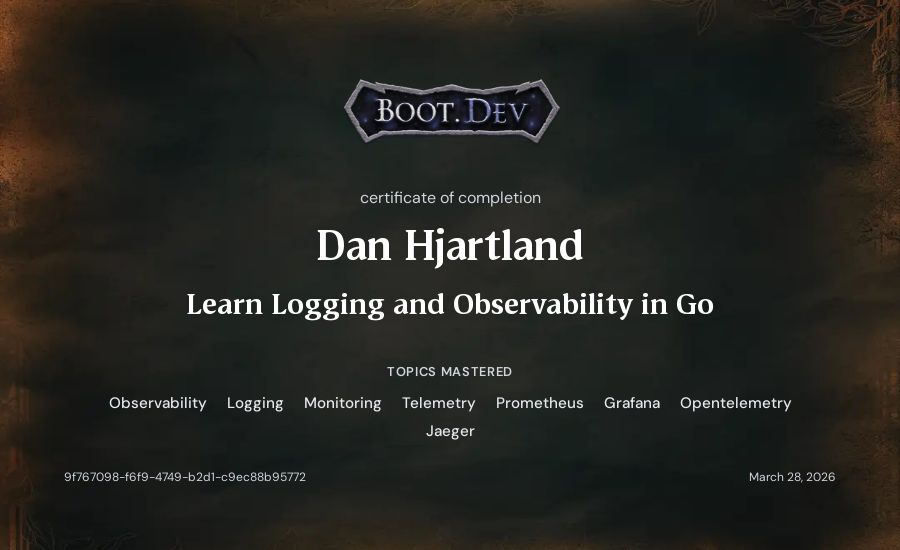 Dan Hjartland's Boot.dev Learn Logging and Observability in Go certificate