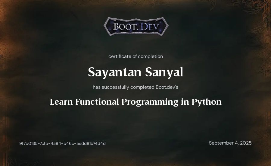 Sayantan Sanyal's Boot.dev Learn Functional Programming in Python certificate