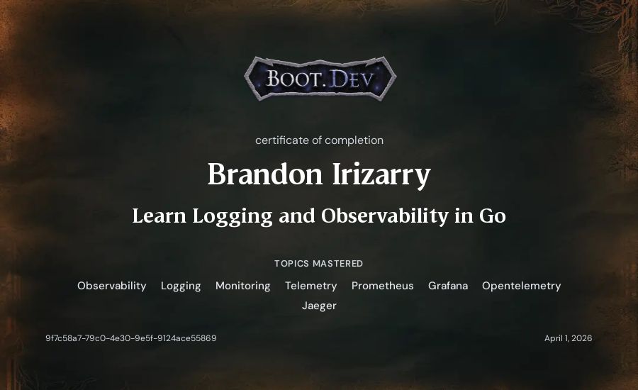 Brandon Irizarry's Boot.dev Learn Logging and Observability in Go certificate