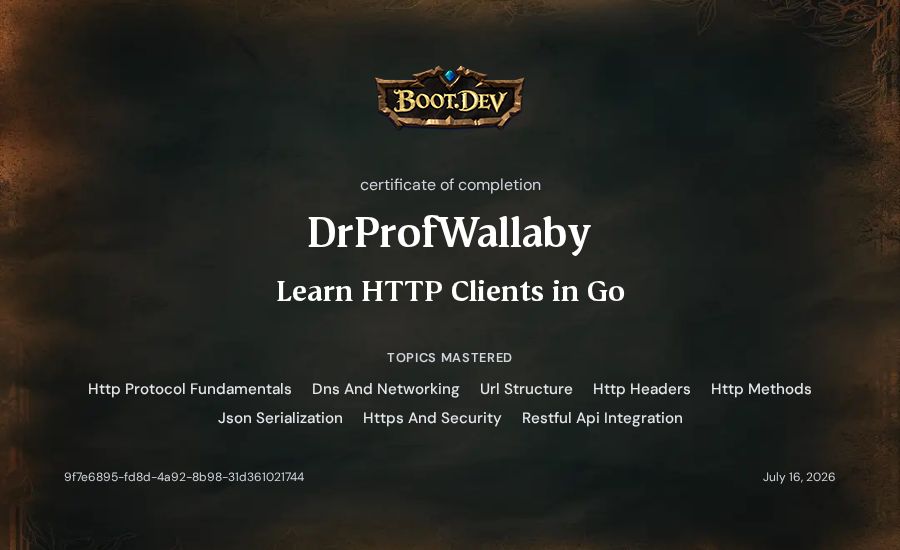 DrProfWallaby's Boot.dev Learn HTTP Clients in Go certificate