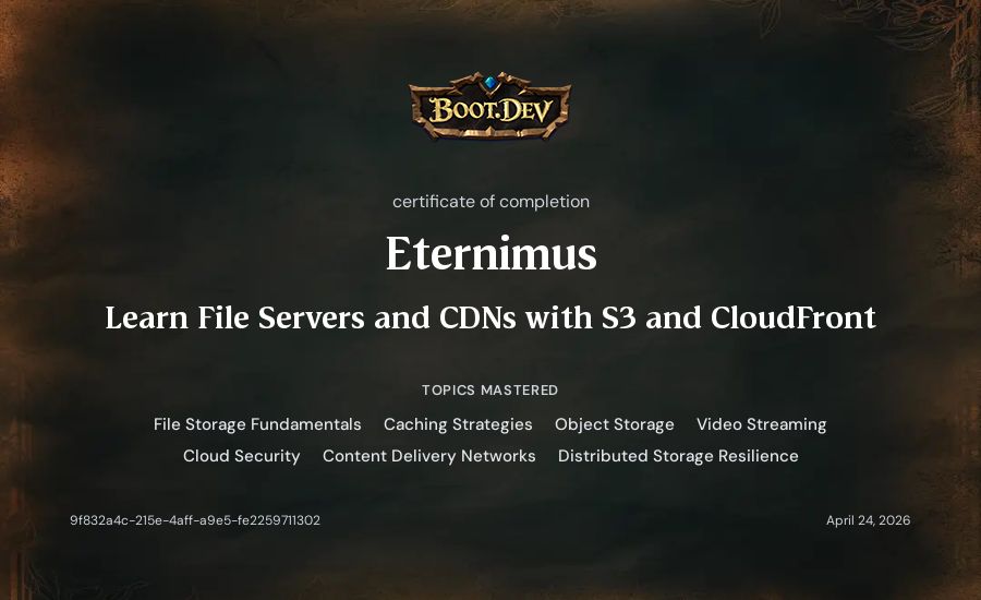 Eternimus's Boot.dev Learn File Servers and CDNs with S3 and CloudFront certificate