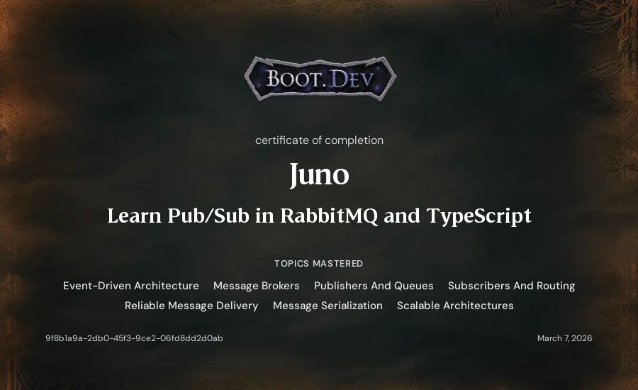 Juno's Boot.dev Learn Pub/Sub in RabbitMQ and TypeScript certificate