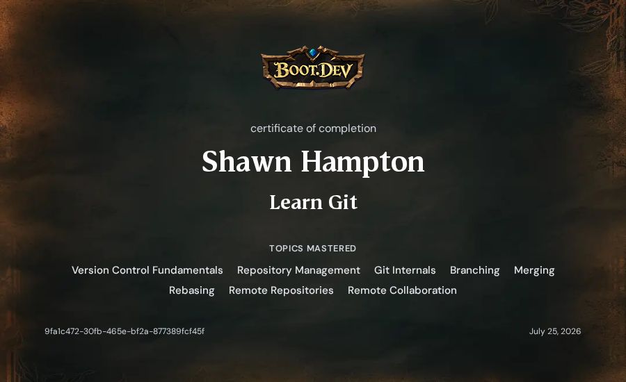Shawn Hampton's Boot.dev Learn Git certificate