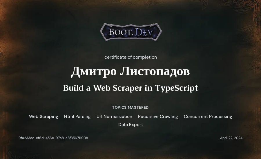 Дмитро Листопадов's Boot.dev Build a Web Scraper in TypeScript certificate