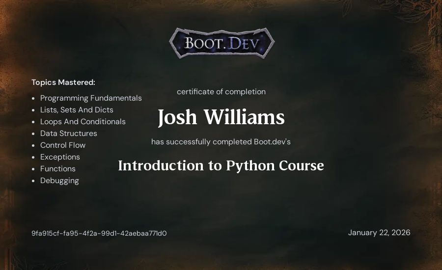 Josh Williams's Boot.dev Introduction to Python Course certificate
