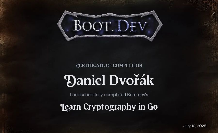 Daniel Dvořák's Boot.dev Learn Cryptography in Go certificate
