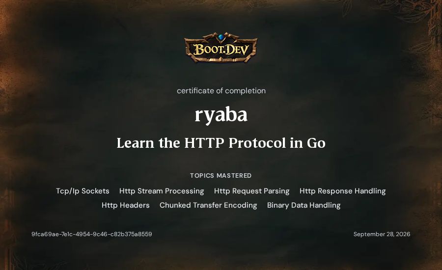 ryaba's Boot.dev Learn the HTTP Protocol in Go certificate