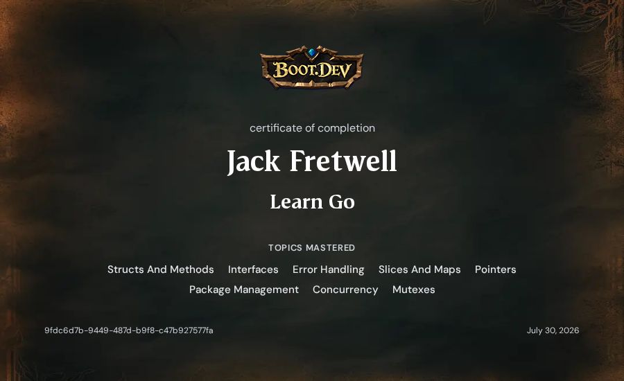 Jack Fretwell's Boot.dev Learn Go certificate