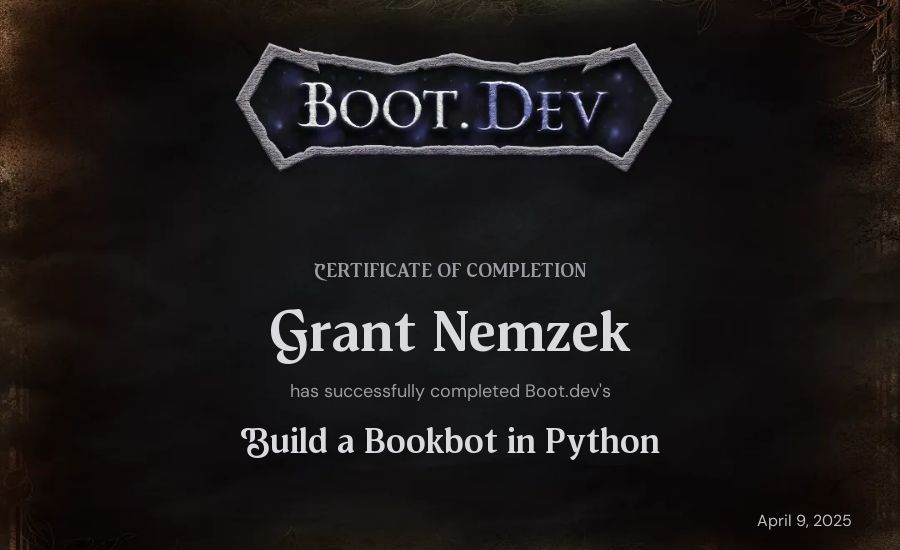 Grant Nemzek's Boot.dev Build a BookBot in Python certificate