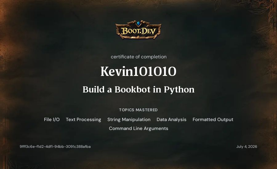 Kevin101010's Boot.dev Build a BookBot in Python certificate
