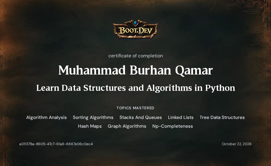 Muhammad Burhan Qamar's Boot.dev Learn Data Structures and Algorithms in Python certificate