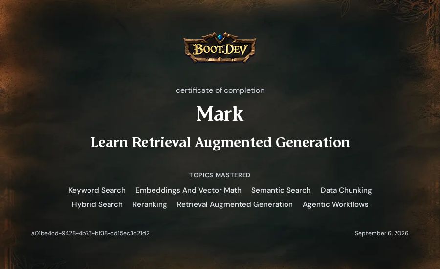 Mark's Boot.dev Learn Retrieval Augmented Generation certificate