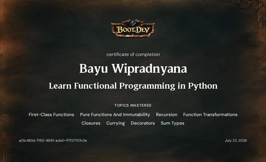 Bayu Wipradnyana's Boot.dev Learn Functional Programming in Python certificate