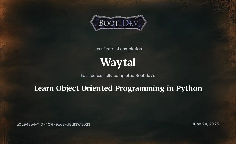 Arnaud S.'s Boot.dev Learn Object Oriented Programming in Python certificate