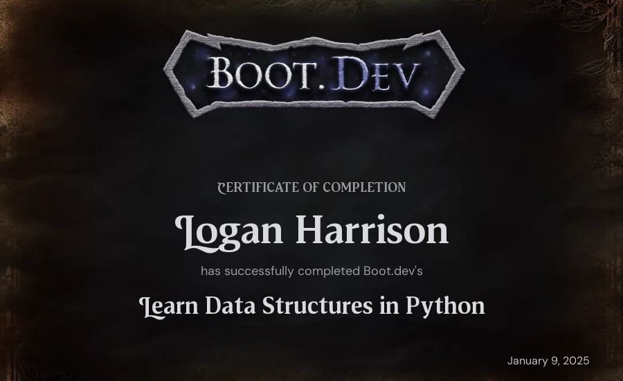 Logan Harrison's Boot.dev Learn Data Structures and Algorithms in Python certificate