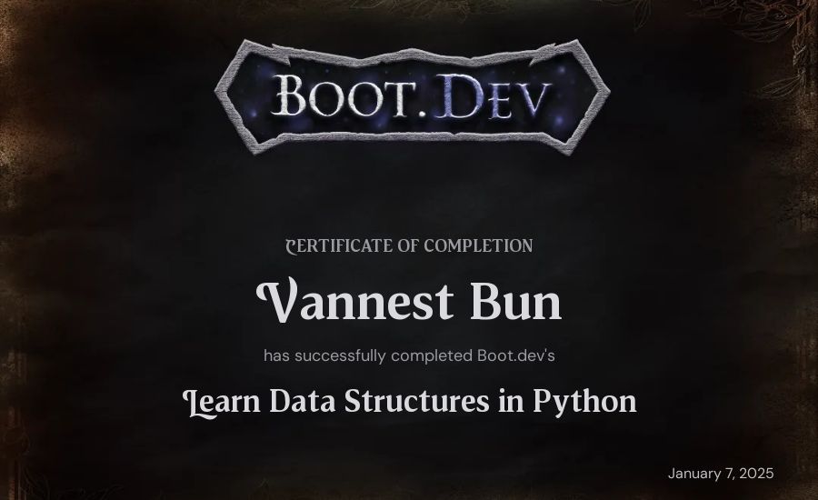 Vannest Bun's Boot.dev Learn Data Structures and Algorithms in Python certificate