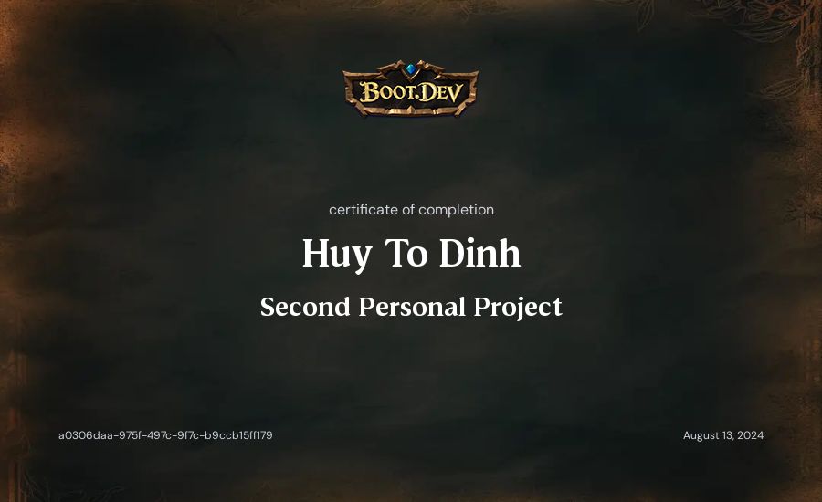 Huy To Dinh's Boot.dev Second Personal Project certificate