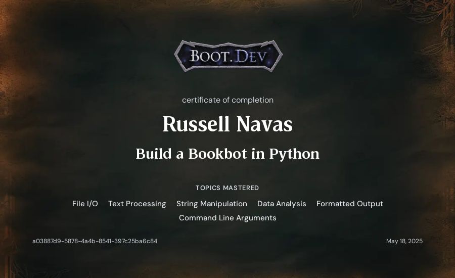 Russell Navas's Boot.dev Build a BookBot in Python certificate