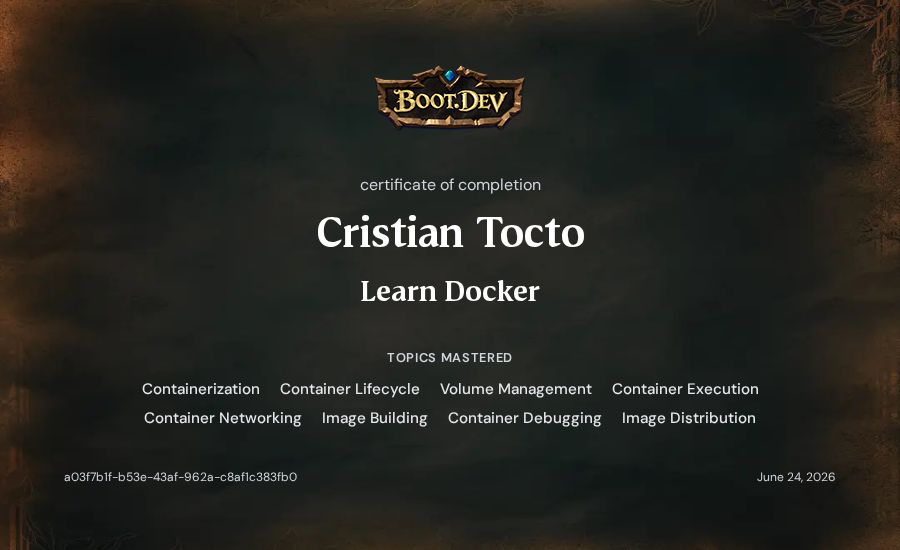 Cristian Tocto's Boot.dev Learn Docker certificate