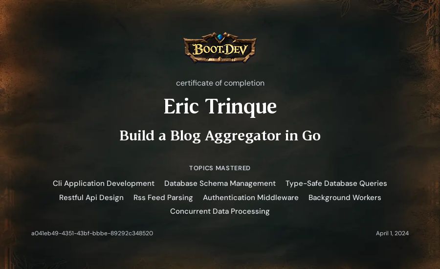Eric Trinque's Boot.dev Build a Blog Aggregator in Go certificate