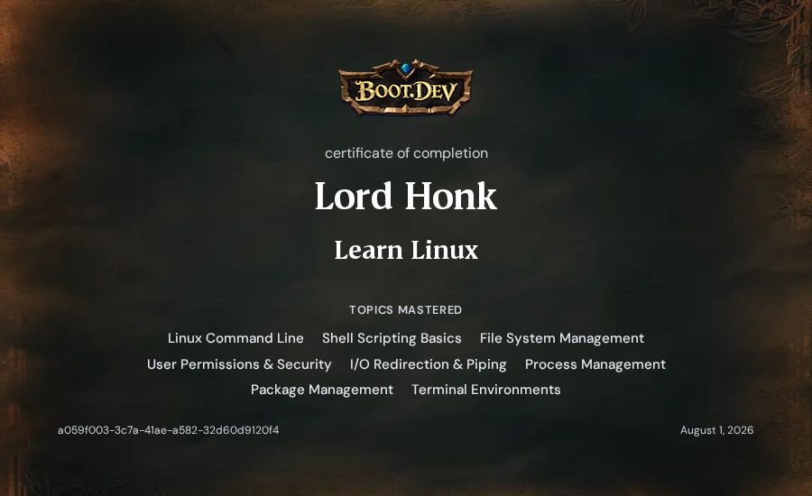 Lord Honk's Boot.dev Learn Linux certificate