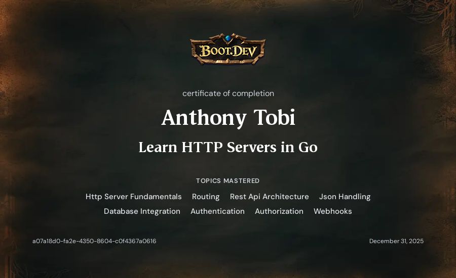 Anthony Tobi's Boot.dev Learn HTTP Servers in Go certificate