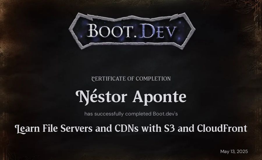 Néstor Aponte's Boot.dev Learn File Servers and CDNs with S3 and CloudFront certificate