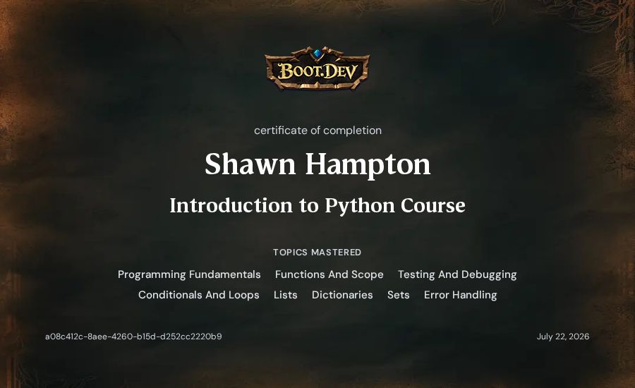 Shawn Hampton's Boot.dev Introduction to Python Course certificate