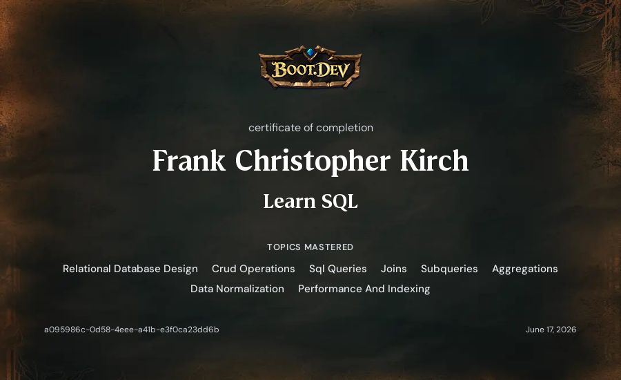 Frank's Boot.dev Learn SQL certificate