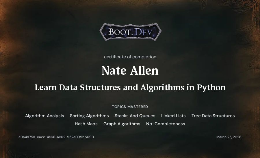 Nate Allen's Boot.dev Learn Data Structures and Algorithms in Python certificate