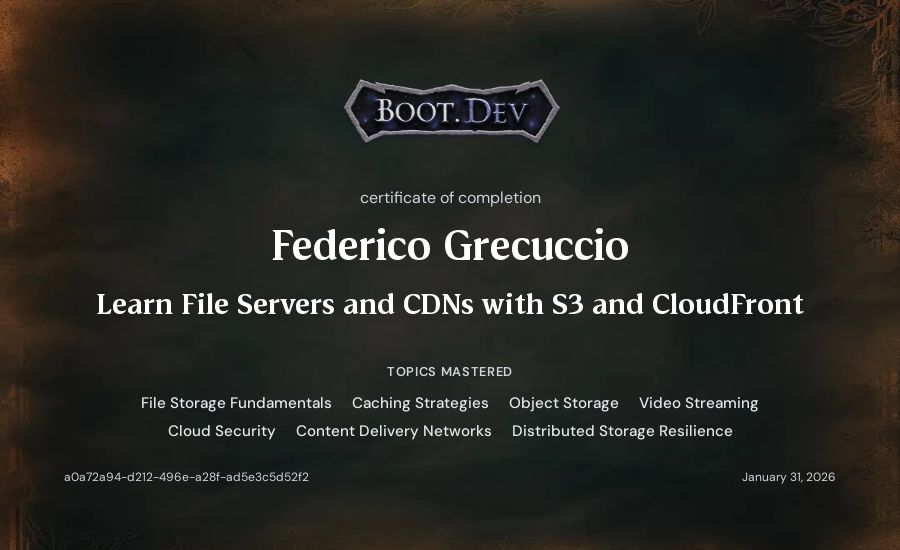 Federico Grecuccio's Boot.dev Learn File Servers and CDNs with S3 and CloudFront certificate