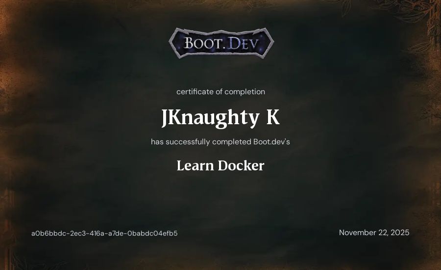 JKnaughty K's Boot.dev Learn Docker certificate
