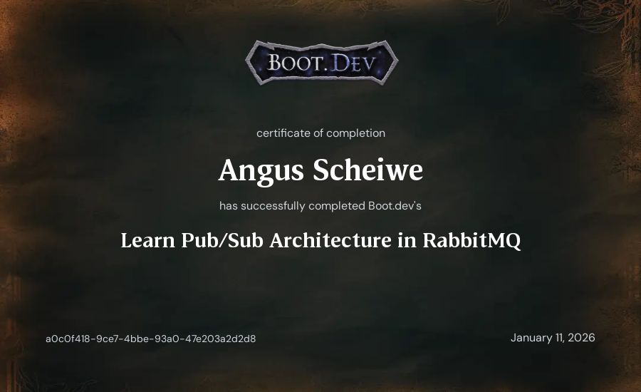 Angus Scheiwe's Boot.dev Learn Pub/Sub in RabbitMQ and Go certificate