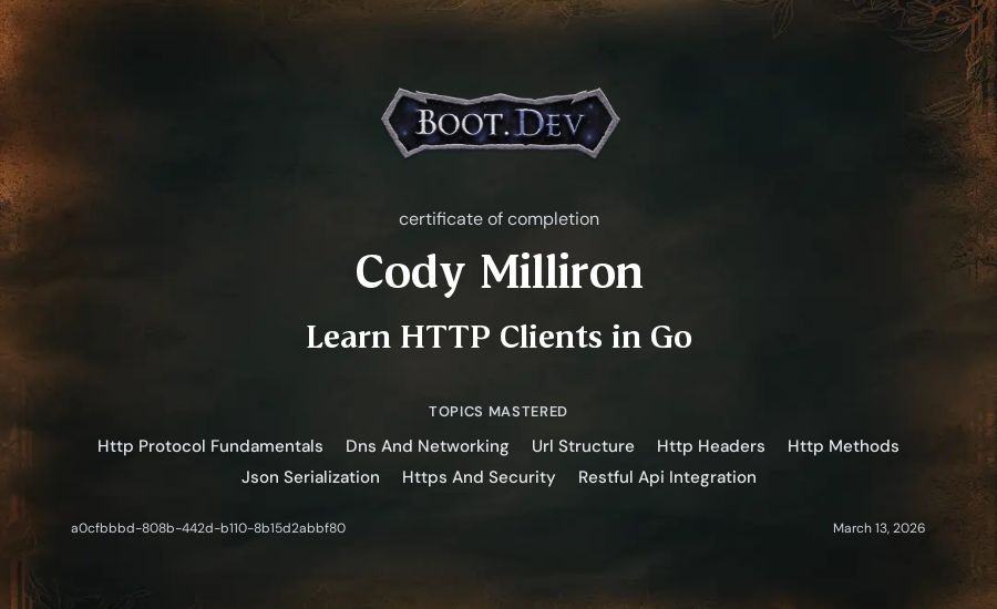 Cody Milliron's Boot.dev Learn HTTP Clients in Go certificate