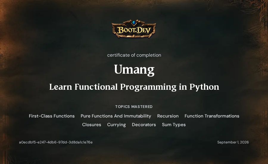Umang's Boot.dev Learn Functional Programming in Python certificate