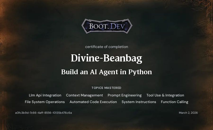 Divine-Beanbag's Boot.dev Build an AI Agent in Python certificate