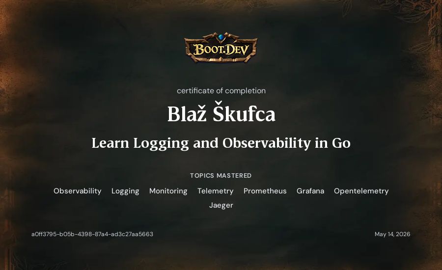 Blaž Škufca's Boot.dev Learn Logging and Observability in Go certificate