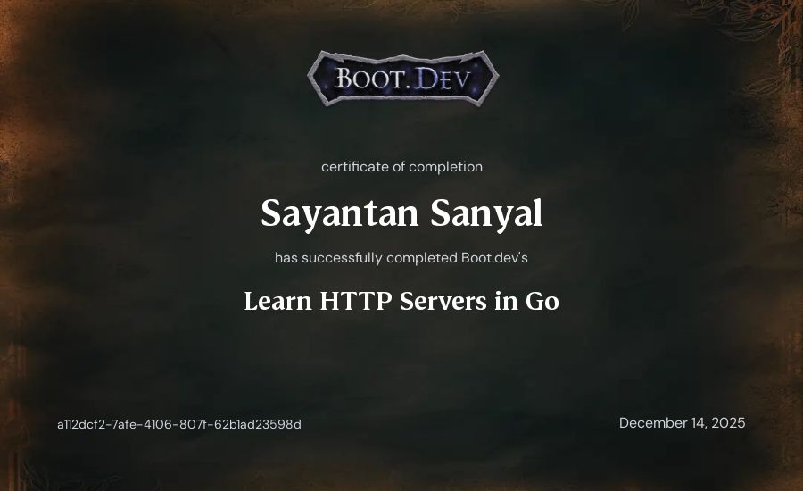Sayantan Sanyal's Boot.dev Learn HTTP Servers in Go certificate