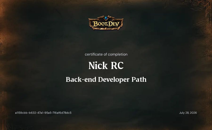 Nick RC's Boot.dev Backend Developer Path (TypeScript) certificate
