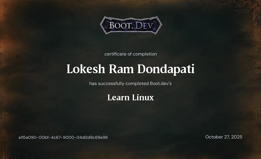 Lokesh Ram Dondapati's Boot.dev Learn Linux certificate
