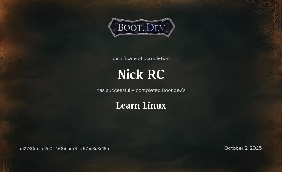 Nick RC's Boot.dev Learn Linux certificate