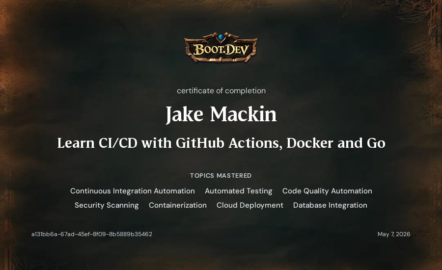 Jake Mackin's Boot.dev Learn CI/CD with GitHub Actions, Docker and Go certificate