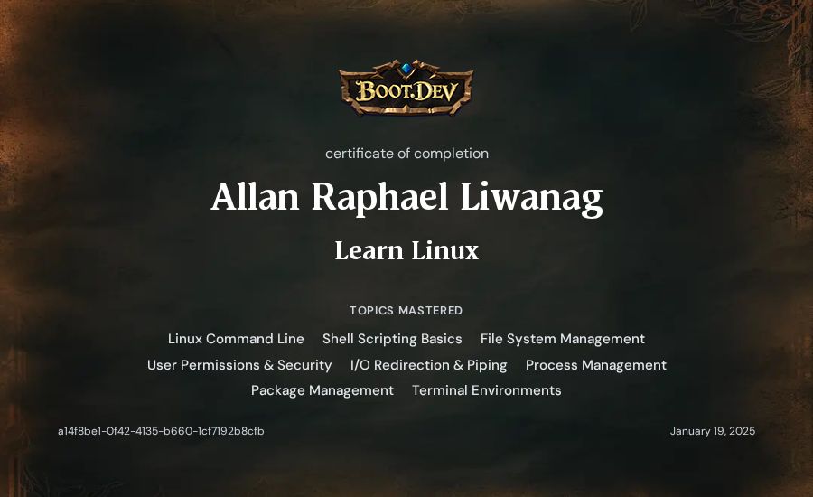 Allan Raphael Liwanag's Boot.dev Learn Linux certificate