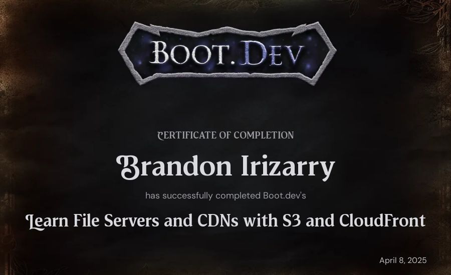 Brandon Irizarry's Boot.dev Learn File Servers and CDNs with S3 and CloudFront certificate