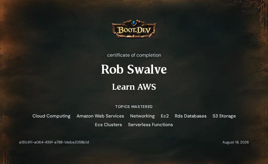 Rob Swalve's Boot.dev Learn AWS certificate