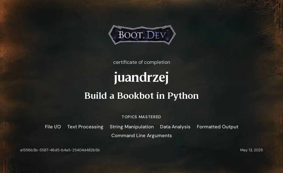 juandrzej's Boot.dev Build a BookBot in Python certificate