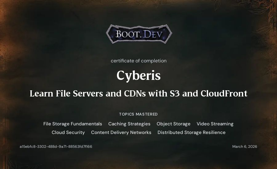 Cyberis's Boot.dev Learn File Servers and CDNs with S3 and CloudFront certificate