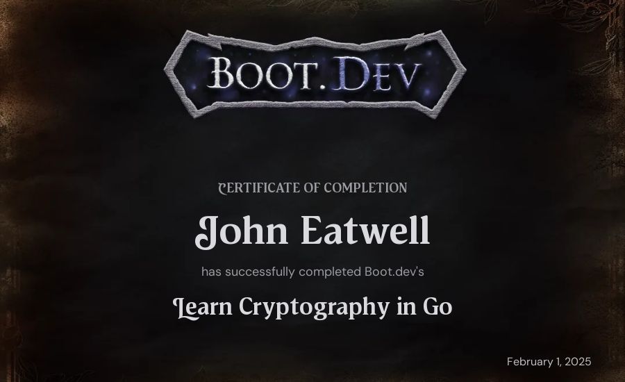 John Eatwell's Boot.dev Learn Cryptography in Go certificate