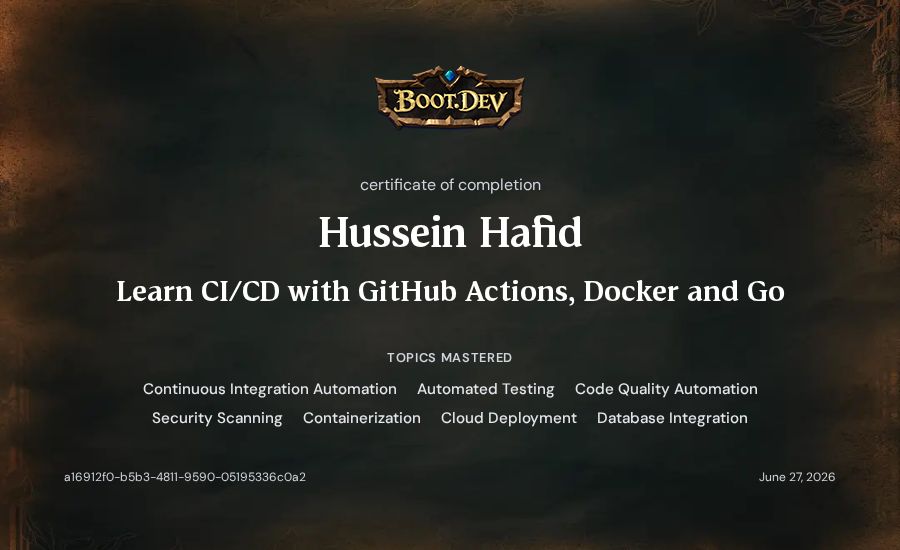 Hussein Hafid's Boot.dev Learn CI/CD with GitHub Actions, Docker and Go certificate